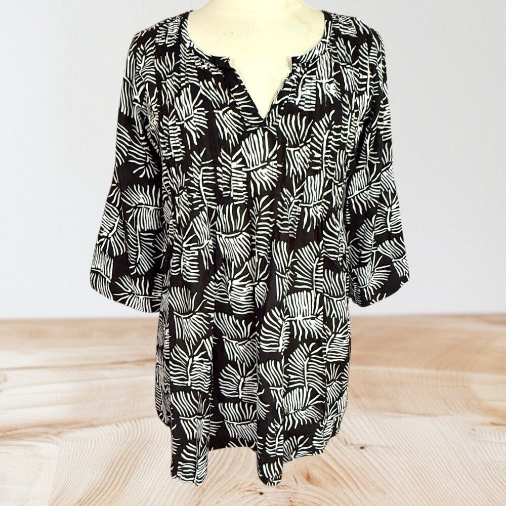 Peppermint Bay Tunic Dress Black Leaf Print Sz S Pintucks 3/4 Tab Sleeves Cotton